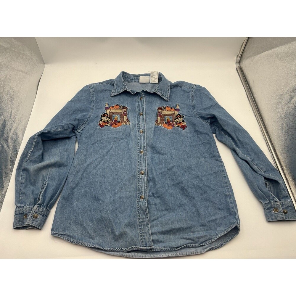 VTG. Bobbie Brooks Women’s M Blue Denim Button-Up Embroidered fall Thanksgiving